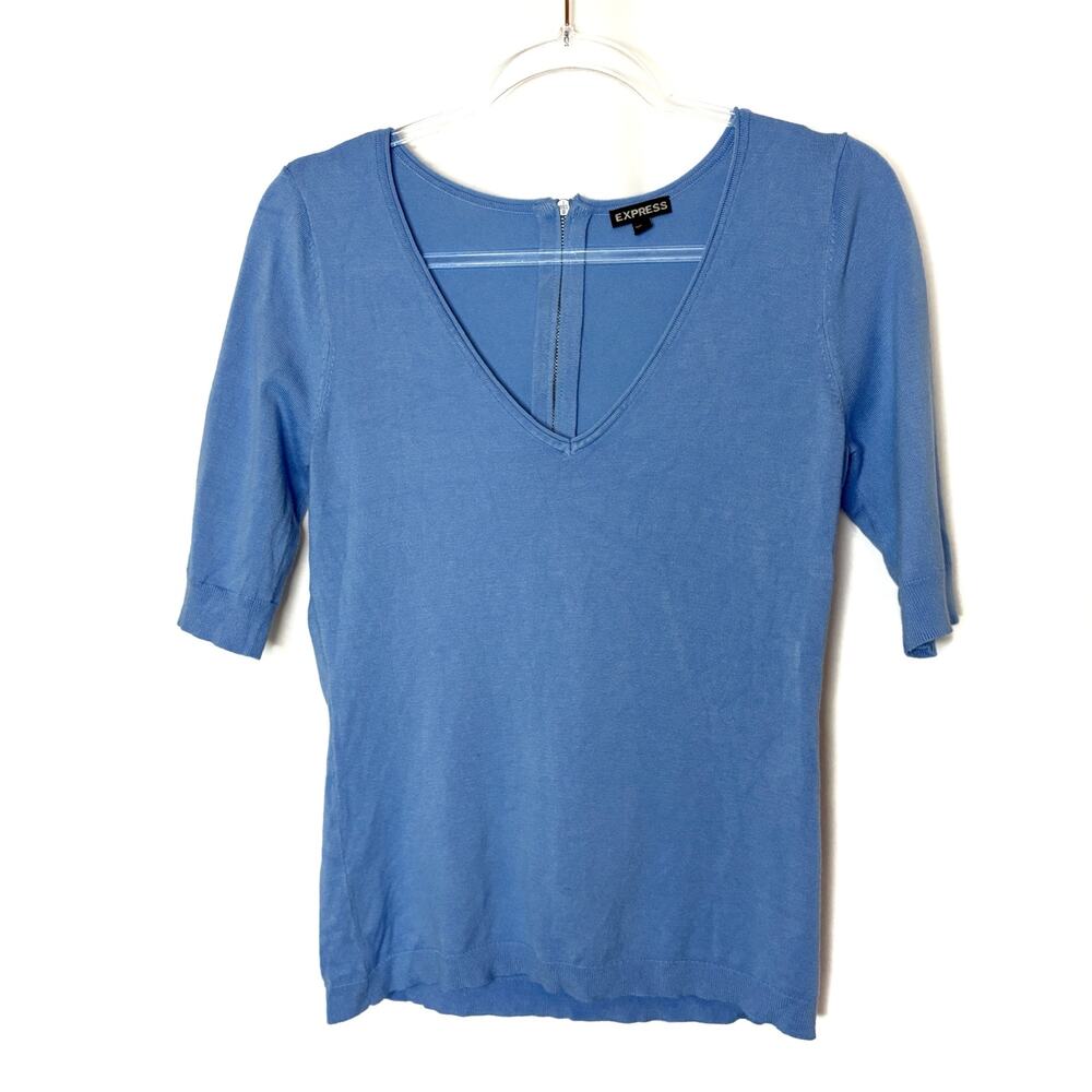 Express Blue Short Sleeve V-Neck Knit Top Rayon Blend Womens Medium
